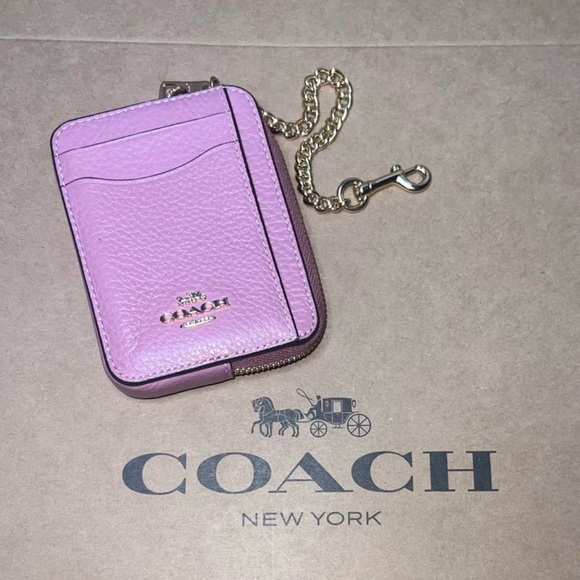 COACH Zip Card Case w Chain Pebble Leather GORGEOUS & AUTHENTIC True Pink & Gold - Picture 1 of 3